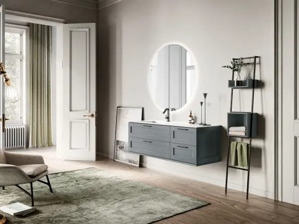 Fugenloser Waschtisch mit Unterschrank, Serie ACCADEMIA, 150 x 52 cm. Individuell geplanter Waschplatz nach Maß.