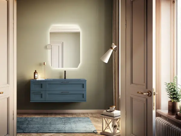 Fugenloser Waschtisch mit Unterschrank, Serie ACCADEMIA, 135 x 52 cm. Individuell geplanter Waschplatz nach Maß.