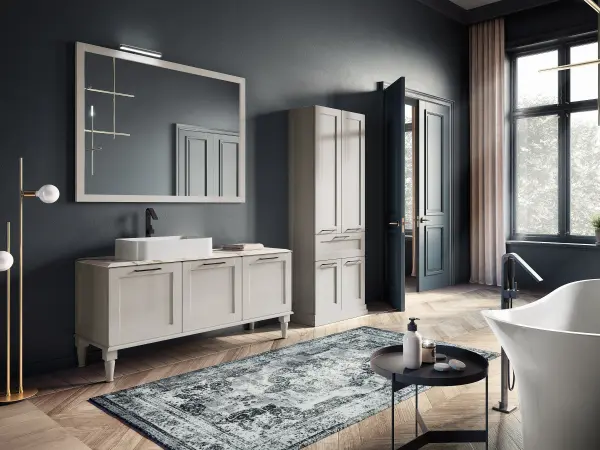 Waschtisch mit Auflagebecken, Serie ACCADEMIA, 150 x 52 cm. Individuell geplanter Waschplatz nach Maß.