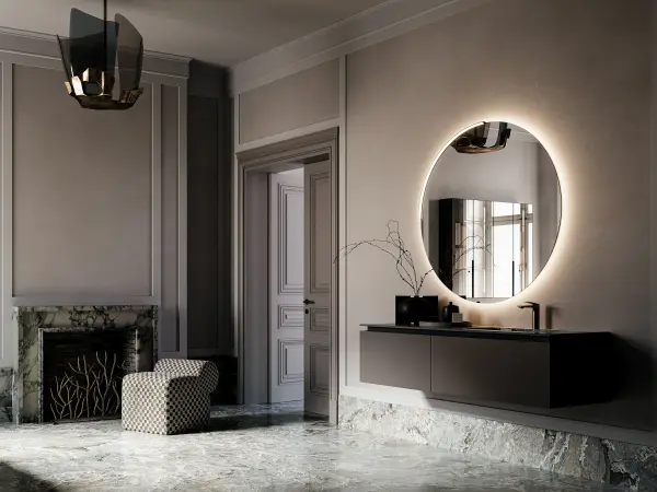 Fugenloser Waschtisch mit Unterschrank, Serie ALTO, 160 x 52 cm. Individuell geplanter Waschplatz nach Maß.