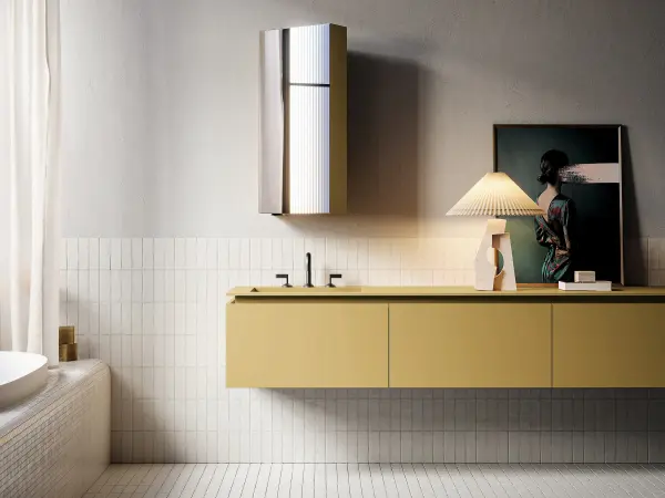 Fugenloser Waschtisch mit Unterschrank, Serie ALTO, 210 x 52 cm. Individuell geplanter Waschplatz nach Maß.