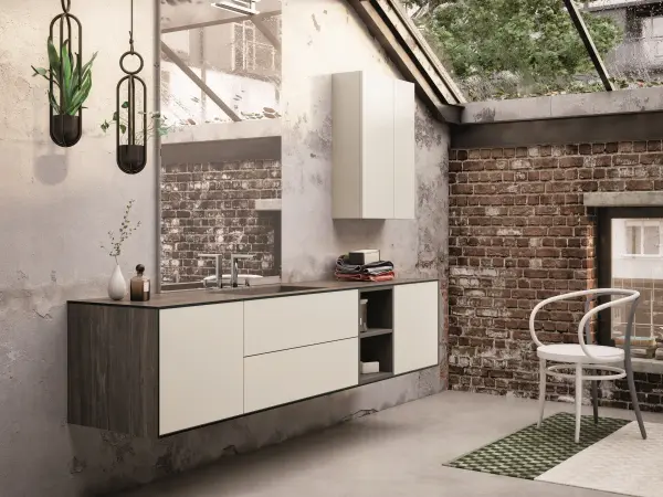 Fugenloser Waschtisch mit Unterschrank, Serie EDGE-LeCornici, 227 x 52 cm. Individuell geplanter Waschplatz nach Maß.