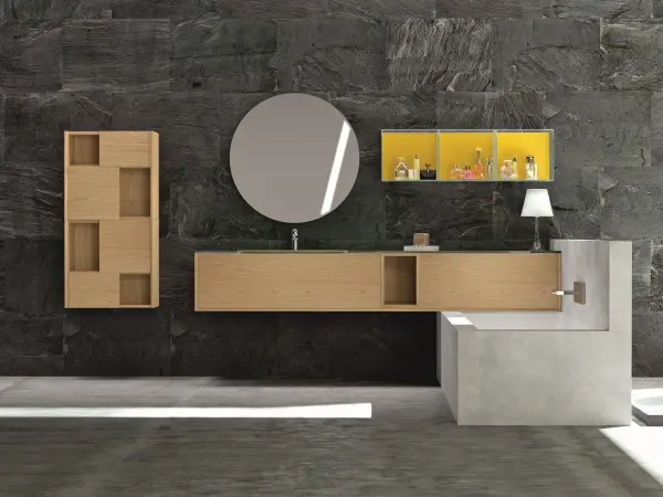 Fugenloser Waschtisch mit Unterschrank, Serie EDGE-MODULA, 240 x 52 cm. Individuell geplanter Waschplatz nach Maß.