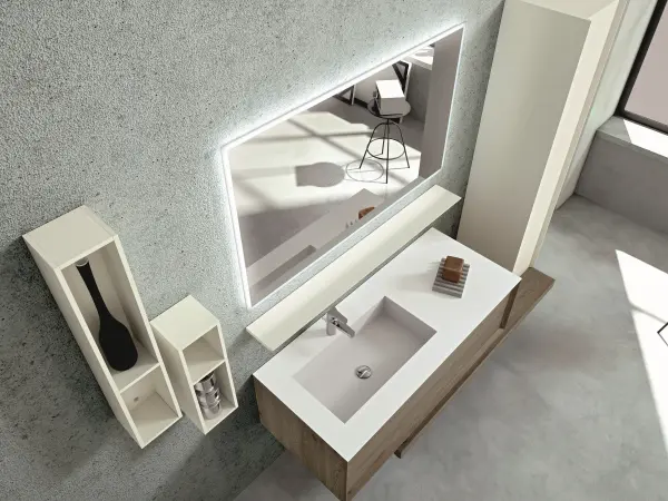 Fugenloser Waschtisch mit Unterschrank, Serie EDGE-MODULA, 180 x 52 cm. Individuell geplanter Waschplatz nach Maß.