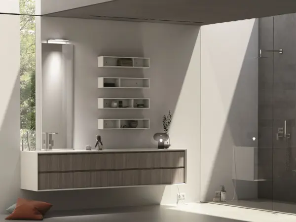 Fugenloser Waschtisch mit Unterschrank, Serie EDGE-MODULA, 244 x 52 cm. Individuell geplanter Waschplatz nach Maß.