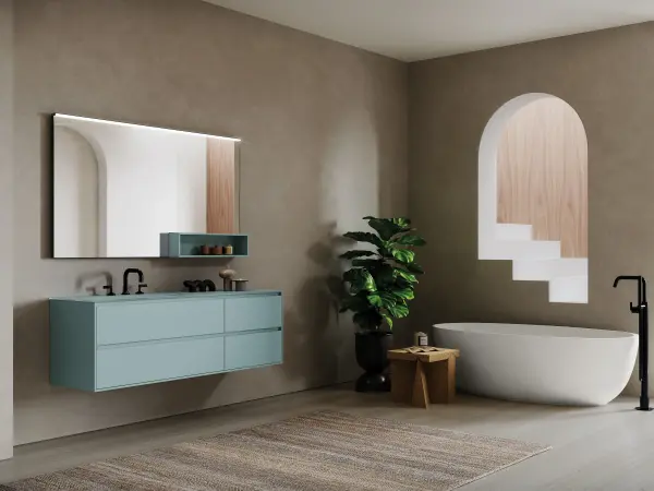 Fugenloser Waschtisch mit Unterschrank, Serie EDGE-LeCornici, 143 x 45 cm. Waschplatz mit dekorativem Rahmendesign.