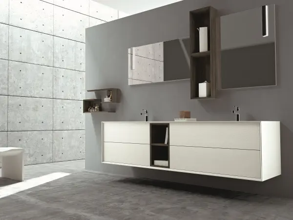 Fugenloser Waschtisch mit Unterschrank, Serie EDGE-MODULA, 189 x 52 cm. Individuell geplanter Waschplatz nach Maß.