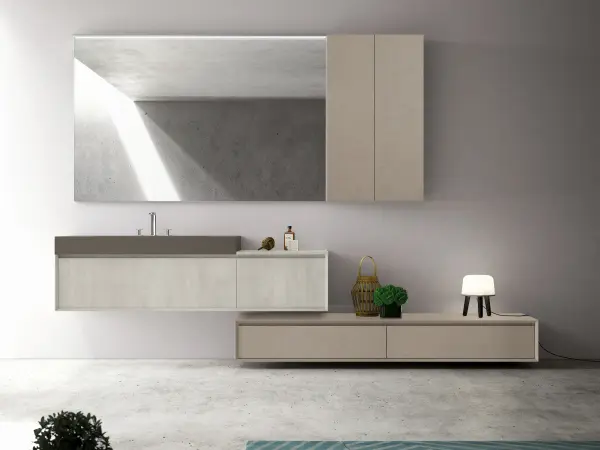 Fugenloser Waschtisch mit Unterschrank, Serie EDGE-MODULA, 183,6 x 52 cm. Individuell geplanter Waschplatz nach Maß.