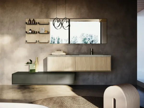 Fugenloser Waschtisch mit Unterschrank, Serie EDGE-MODULA, 164 x 52 cm. Individuell geplanter Waschplatz nach Maß.