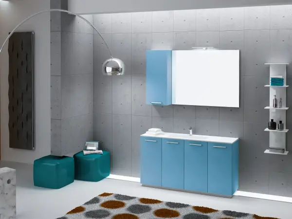 Fugenloser Waschtisch mit Unterschrank, Serie OLA, 141 x 40 cm. Schmaler Waschplatz für Gäste-WC oder kleine Bäder.