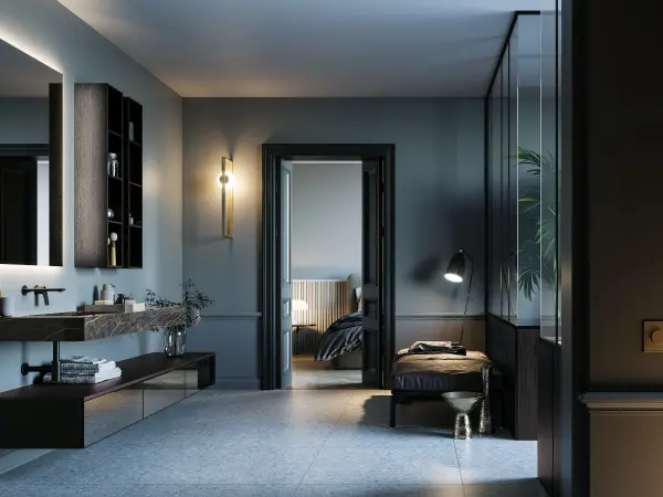 Freihängender fugenloser Waschtisch, Serie OLA, 210 x 52 cm. Eleganter Waschplatz ohne sichtbaren Unterschrank.