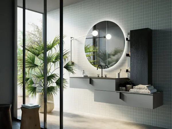 Fugenloser Waschtisch mit Unterschrank, Serie OLA, 190 x 52 cm. Individuell geplanter Waschplatz nach Maß.