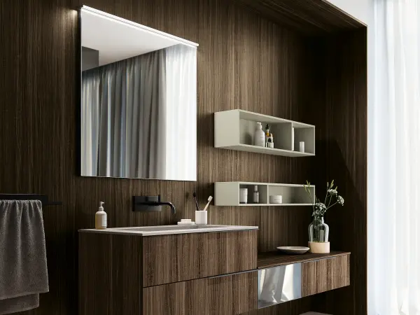 Fugenloser Waschtisch mit Unterschrank, Serie OLA, 210 x 52 cm. Individuell geplanter Waschplatz nach Maß.