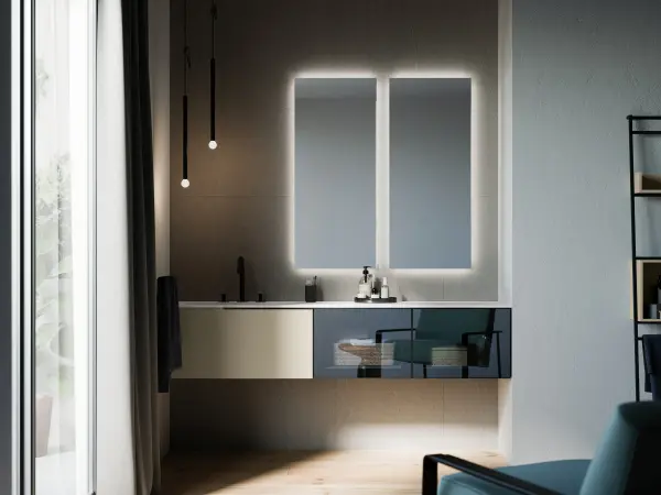 Fugenloser Waschtisch mit Unterschrank, Serie OLA, 180 x 52 cm. Harmonischer Waschplatz in Holzoptik und Mineralguss.