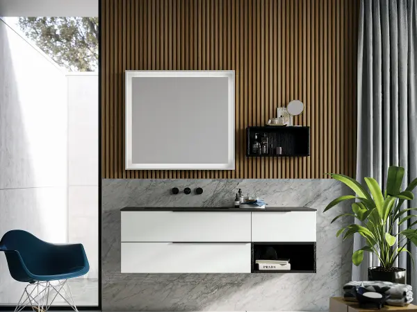 Fugenloser Waschtisch mit Unterschrank, Serie OLA, 150 x 40 cm. Individuell geplanter Waschplatz nach Maß.