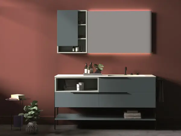 Fugenloser Waschtisch mit Unterschrank, Serie OLA, 171 x 52 cm. Individuell geplanter Waschplatz nach Maß.