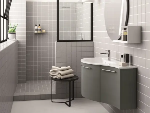 Fugenloser Waschtisch mit Unterschrank, Serie OLA, 104 x 52 cm. Individuell geplanter Waschplatz nach Maß.