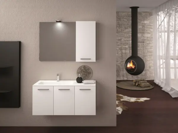 Fugenloser Waschtisch mit Unterschrank, Serie OLA, 106 x 40 cm. Kompakter Waschplatz mit reduzierter Tiefe.