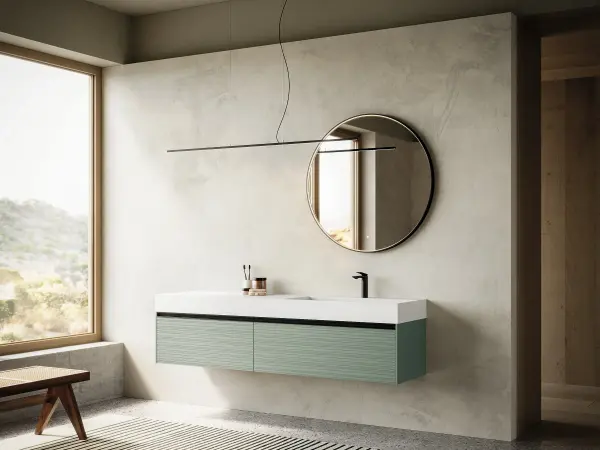 Fugenloser Waschtisch mit Unterschrank, Serie REVERSO, 183 x 45 cm. Individuell geplanter Waschplatz nach Maß.