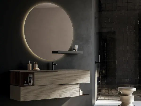 Fugenloser Waschtisch mit Unterschrank, Serie REVERSO, 146 x 52 cm. Individuell geplanter Waschplatz nach Maß.