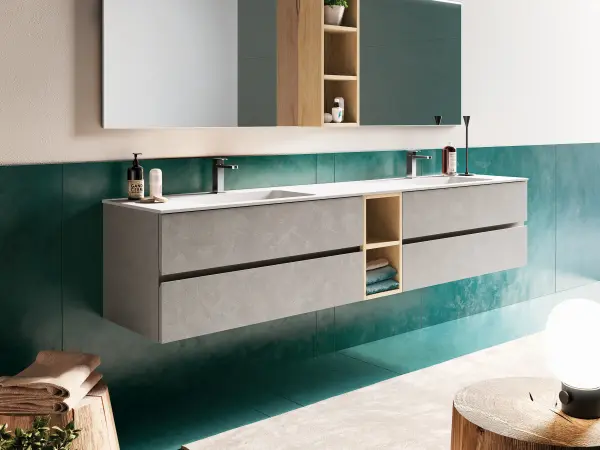 Fugenloser Waschtisch mit Unterschrank, Serie UP&DOWN, 226 x 45 cm. Individuell geplanter Waschplatz nach Maß.