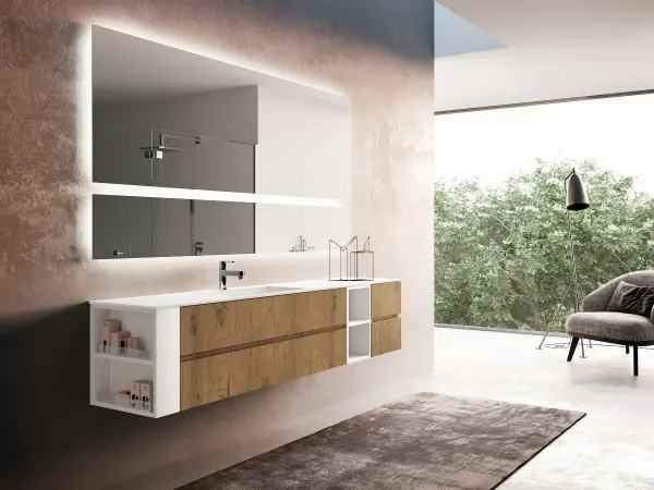 Fugenloser Waschtisch mit Unterschrank, Serie UP&DOWN, 184 x 45 cm. Individuell geplanter Waschplatz nach Maß.