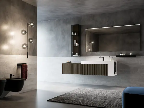 Fugenloser Waschtisch mit Unterschrank, Serie VERTIGO, 182 x 52 cm. Individuell geplanter Waschplatz nach Maß.