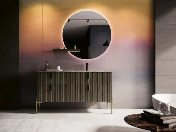 Fugenloser Waschtisch mit Unterschrank, Serie VERTIGO, 150 x 52 cm. Individuell geplanter Waschplatz nach Maß.