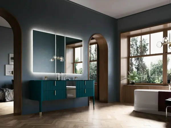 Fugenloser Waschtisch mit Unterschrank, Serie VERTIGO, 189 x 52 cm. Individuell geplanter Waschplatz nach Maß.