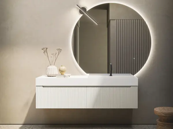 Fugenloser Waschtisch mit Unterschrank, Serie VERTIGO EVO, 160 x 52 cm. Individuell geplanter Waschplatz nach Maß.