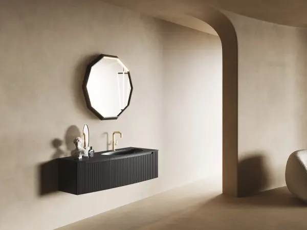 Fugenloser Waschtisch mit Unterschrank, Serie VERTIGO EVO, 121 x 52 cm. Individuell geplanter Waschplatz nach Maß.