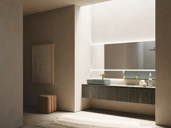 Waschtisch mit Auflagebecken, Serie VERTIGO EVO, 200 x 52 cm. Individuell geplanter Waschplatz nach Maß.