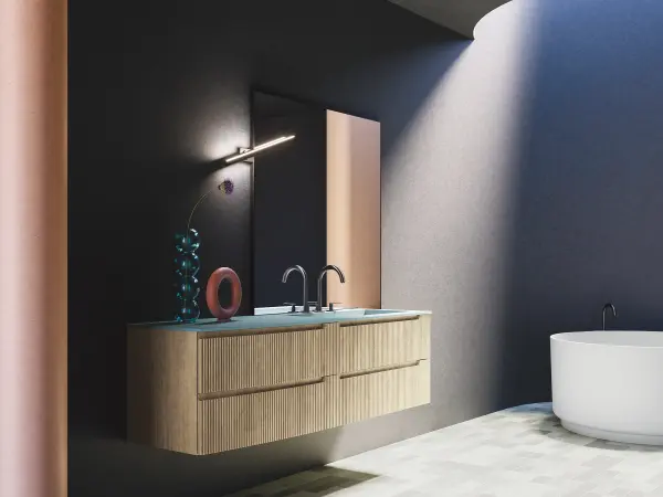 Fugenloser Waschtisch mit Unterschrank, Serie VERTIGO EVO, 160 x 52 cm. Individuell geplanter Waschplatz nach Maß.