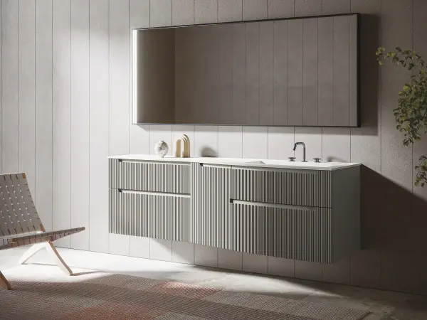 Fugenloser Waschtisch mit Unterschrank, Serie VERTIGO EVO, 200 x 52 cm. Individuell geplanter Waschplatz nach Maß.