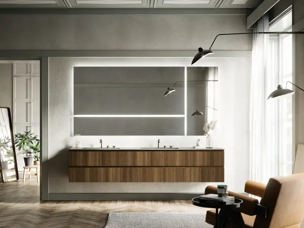 Fugenloser Waschtisch mit Unterschrank, Serie YOUNG, 210 x 52 cm. Individuell geplanter Waschplatz nach Maß.