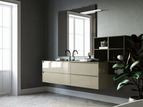 Fugenloser Waschtisch mit Unterschrank, Serie YOUNG, 197,4 x 52 cm. Individuell geplanter Waschplatz nach Maß.