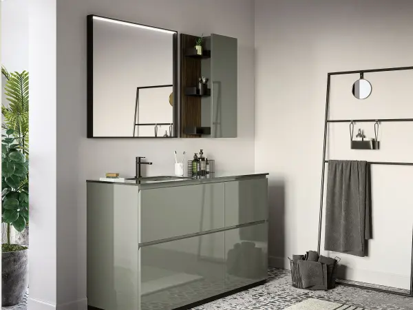 Fugenloser Waschtisch mit Unterschrank, Serie YOUNG, 150 x 52 cm. Individuell geplanter Waschplatz nach Maß.