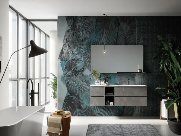 Fugenloser Waschtisch mit Unterschrank, Serie YOUNG, 140 x 45 cm. Individuell geplanter Waschplatz nach Maß.