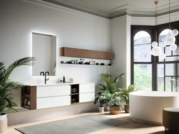 Fugenloser Waschtisch mit Unterschrank, Serie YOUNG, 177 x 52 cm. Individuell geplanter Waschplatz nach Maß.