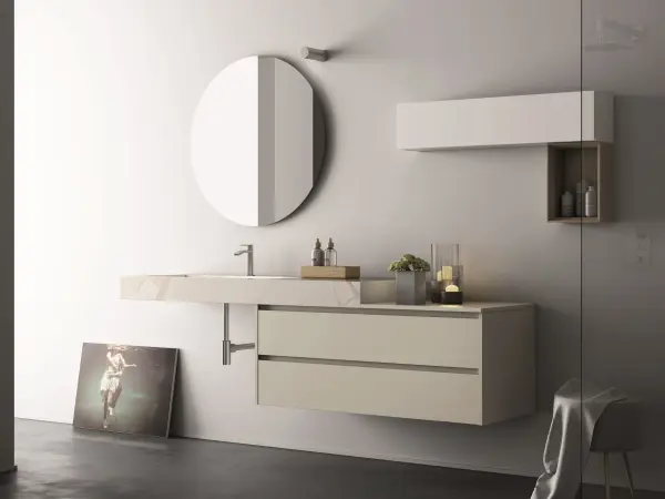 Fugenloser Waschtisch mit Unterschrank, Serie YOUNG, 219 x 52 cm. Individuell geplanter Waschplatz nach Maß.