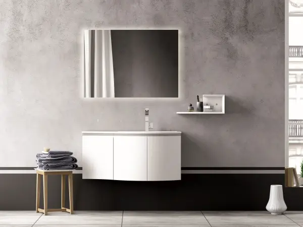 Fugenloser Waschtisch mit Unterschrank, Serie YOUNG, 104 x 52 cm. Individuell geplanter Waschplatz nach Maß.