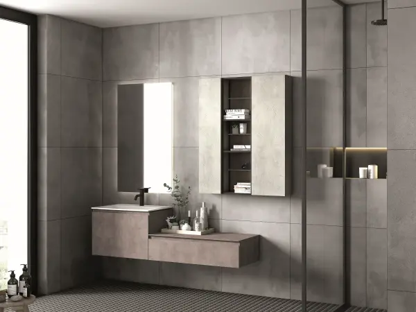 Fugenloser Waschtisch mit Unterschrank, Serie YOUNG, 170 x 52 cm. Individuell geplanter Waschplatz nach Maß.