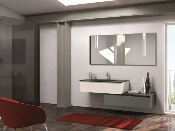 Fugenloser Waschtisch mit Unterschrank, Serie YOUNG, 161 x 52 cm. Individuell geplanter Waschplatz nach Maß.