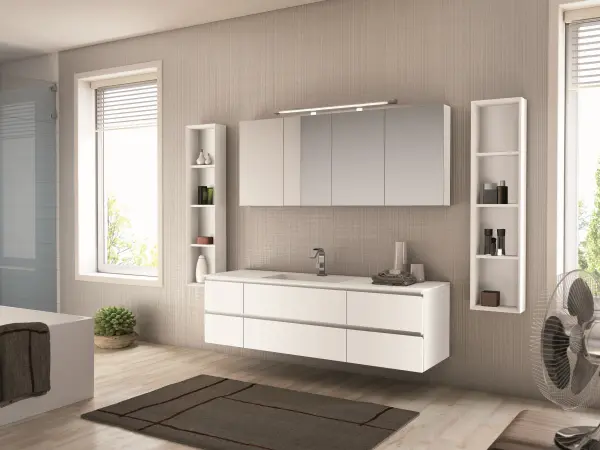 Fugenloser Waschtisch mit Unterschrank und Spiegelschrank, Serie YOUNG, 166 x 52 cm. Komplettlösung mit viel Stauraum.