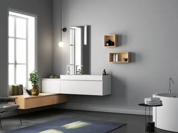 Freihängender fugenloser Waschtisch, Serie YOUNG, 180 x 52 cm. Großzügiger Waschplatz aus Corian, schwebend montiert.