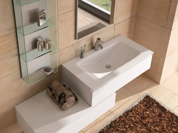 Fugenloser Waschtisch mit Unterschrank, Serie YOUNG, 171 x 52 cm. Individuell geplanter Waschplatz nach Maß.